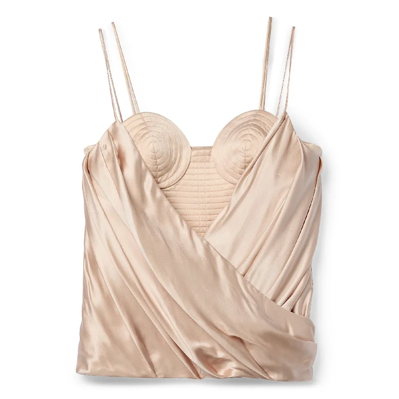 Balmain Thin Straps Bustier Satin Draped Top (Beige)