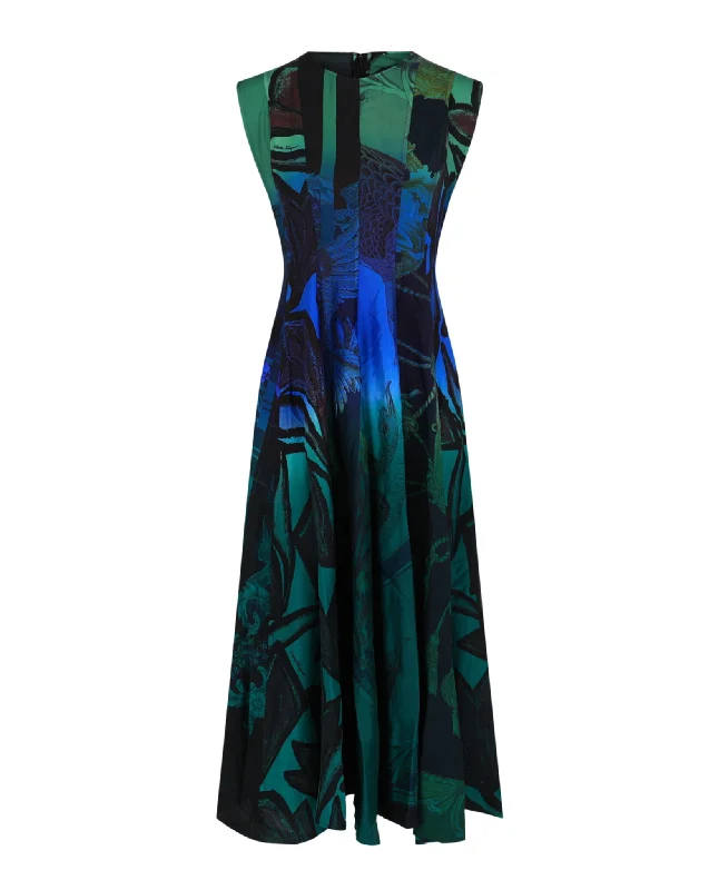 Ferragamo Womens Sleeveless Graphic Printed Silk Midi Dress