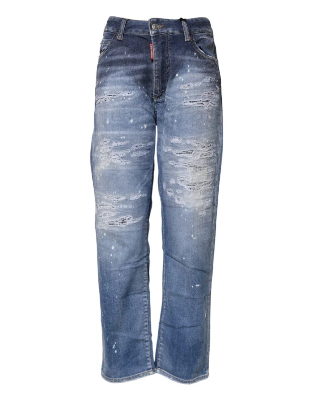 Dsquared² Blue Tattered Cotton Mid Waist Straight Denim Jeans