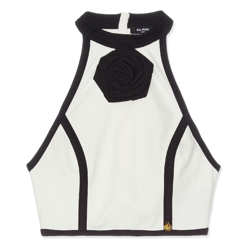 Balmain SL Rose Detail Jersey Top (Creme/Black)