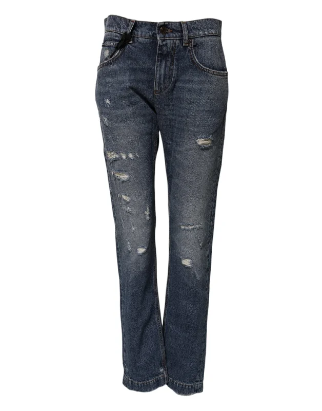 Dolce & Gabbana Blue Cotton Tattered Boyfriend Denim Jeans