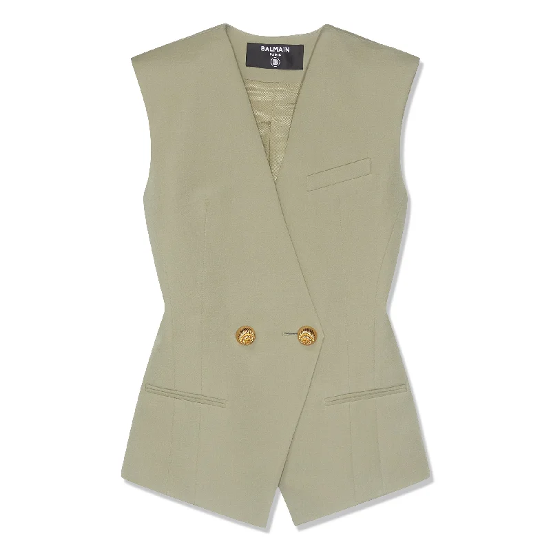 Balmain Buttoned Grain De Poudre Vest (Olive)