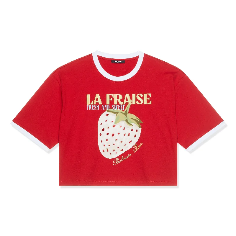 Balmain Fraise Print Crop T-Shirt (Rogue/White)