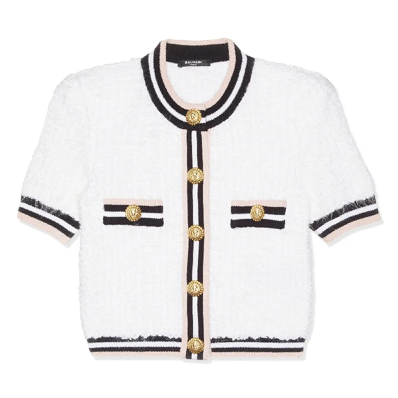 Balmain Short Sleeve Buttoned Maze Monogram Cardigan (White/Black/Rose)