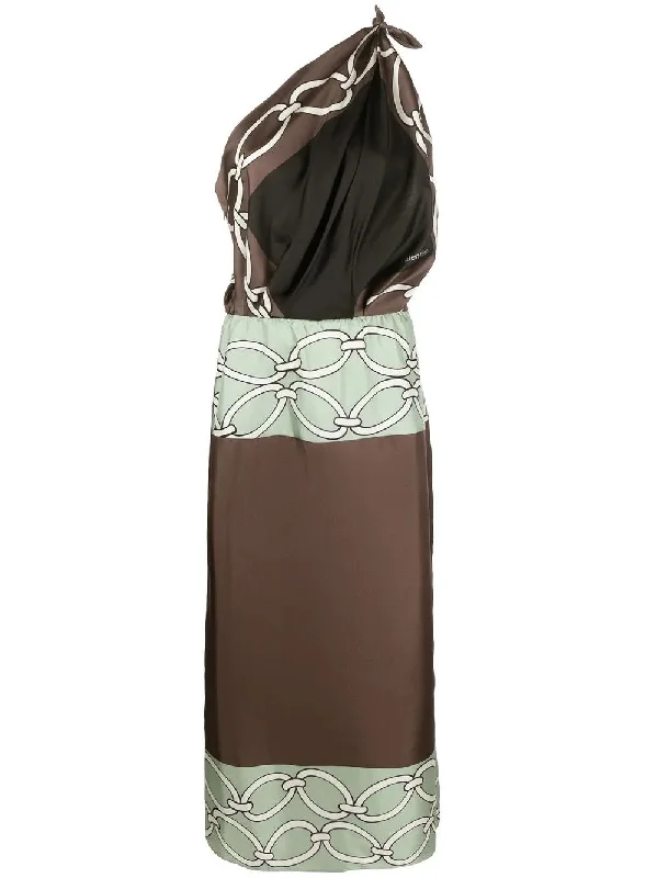 Valentino Chain-Print One-Shoulder Silk Midi Dress