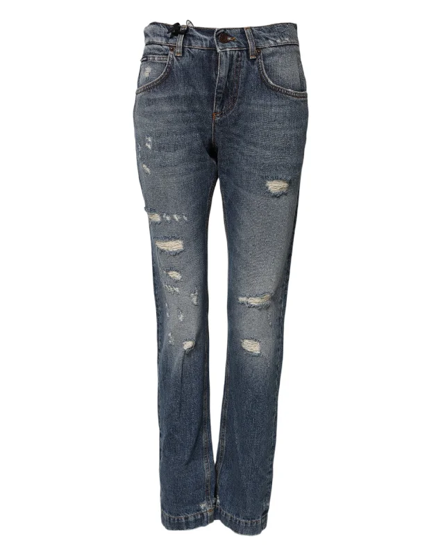 Dolce & Gabbana Blue Cotton Tattered Mid Waist Denim Jeans