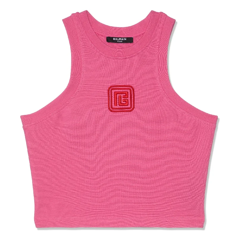 Balmain Cropped Retro PB Embroidered Tank Top (Pink)