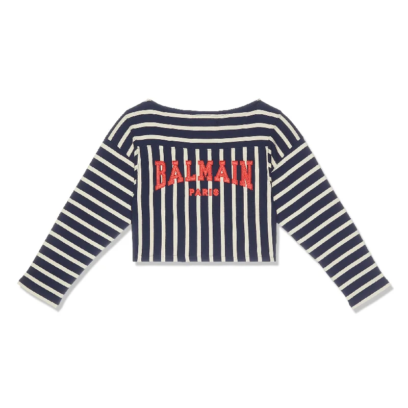 Balmain Womens Baseball Boat Neck Crop T-Shirt (Marine/Creme/Red)