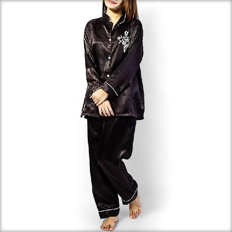 Polyester Solid Satin Embroidered Night Suit