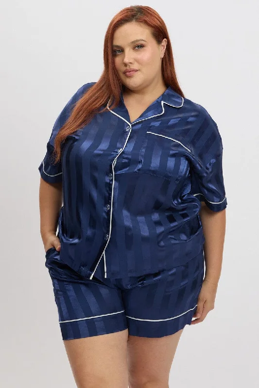 Blue Stripe Satin Pajamas Set Short Sleeve