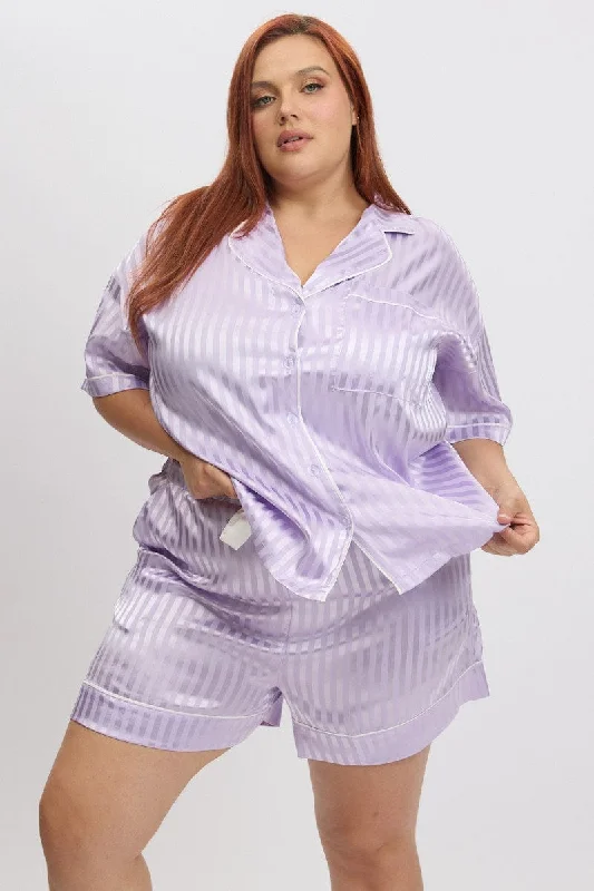 Purple Stripe Satin Pyjamas Set Short Sleeve