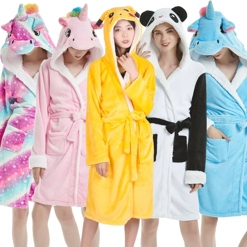 Adults Animal Flannel Bath Robe Sleepwear Women Men Bathrobe Nightgown Thick Warm Robe Winter Unisex Panda Unicorn Plush Pajamas